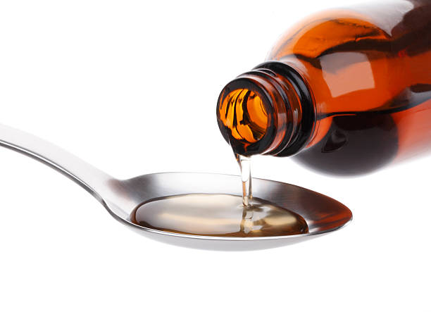 Bottle pouring Medicine Syrup in Spoon